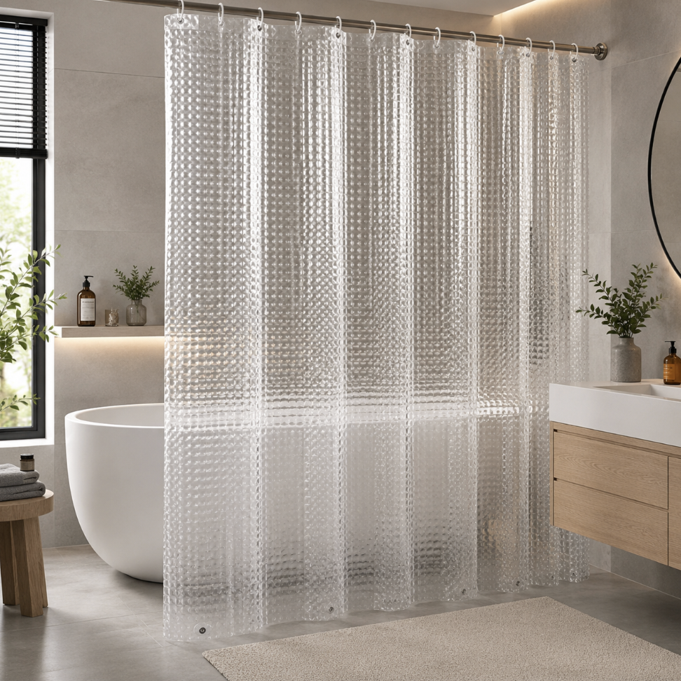 Rideau de douche transparent imperméable avec aimants intégrés en partie basse, idéal pour limiter les éclaboussures tout en préservant la luminosité | Tchi | Instant rideau