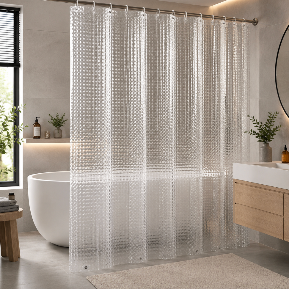 Rideau de douche transparent imperméable avec aimants intégrés en partie basse, idéal pour limiter les éclaboussures tout en préservant la luminosité | Tchi | Instant rideau