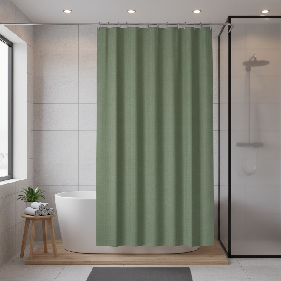 Rideau de douche vert dans une salle de bain moderne en carrelage blanc | Waffle | Instant Rideau