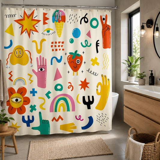 Rideau de douche vintage coloré au style rétro avec motifs originaux, décoration salle de bain tendance et tissu imperméable | Punchy | Instant Rideau