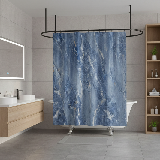 Rideau de douche couleur bleu salle de bain effet marbre | Marbrelle | Instant rideau 