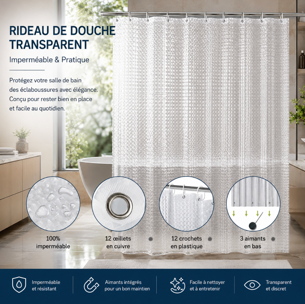 Rideau de salle de bain transparent anti-éclaboussures, adapté aux douches et baignoires pour protéger l’espace tout en laissant circuler la lumière | Tchi | Instant rideau