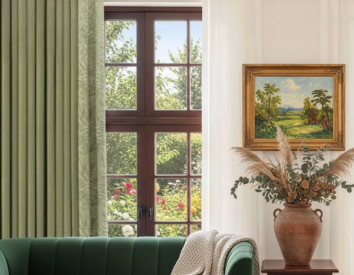 Rideau décoratif vert en chenille, finition haut de gamme et confort lumineux | Matina | Instant Rideau
