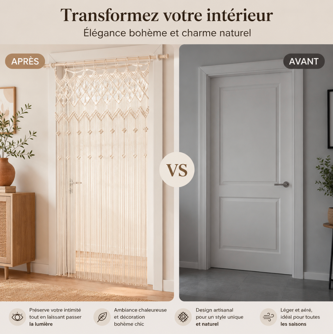 Rideau décoratif en macramé de coton avec tissage travaillé et esprit bohème, parfait pour mettre en valeur une fenêtre ou une ouverture intérieure | Macramia | Instant rideau