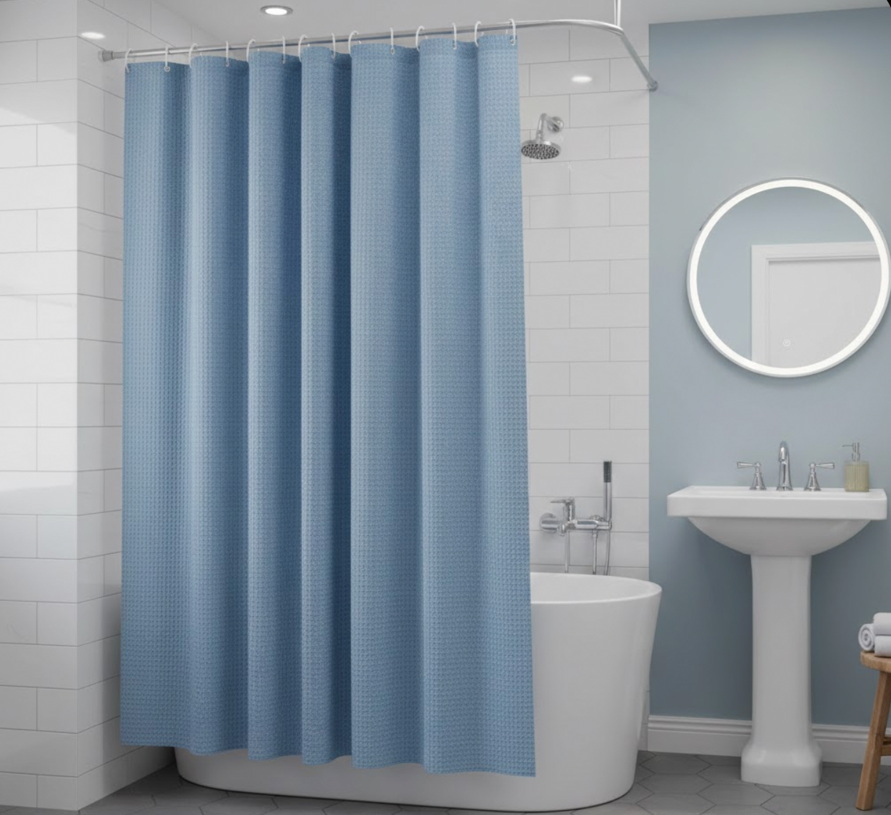 Rideau de douche bleu en tissu gaufre résistant, protection efficace contre l’eau et l’humidité | Gofry | Instant Rideau
