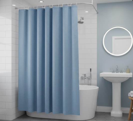 Rideau de douche bleu en tissu gaufre résistant, protection efficace contre l’eau et l’humidité | Gofry | Instant Rideau
