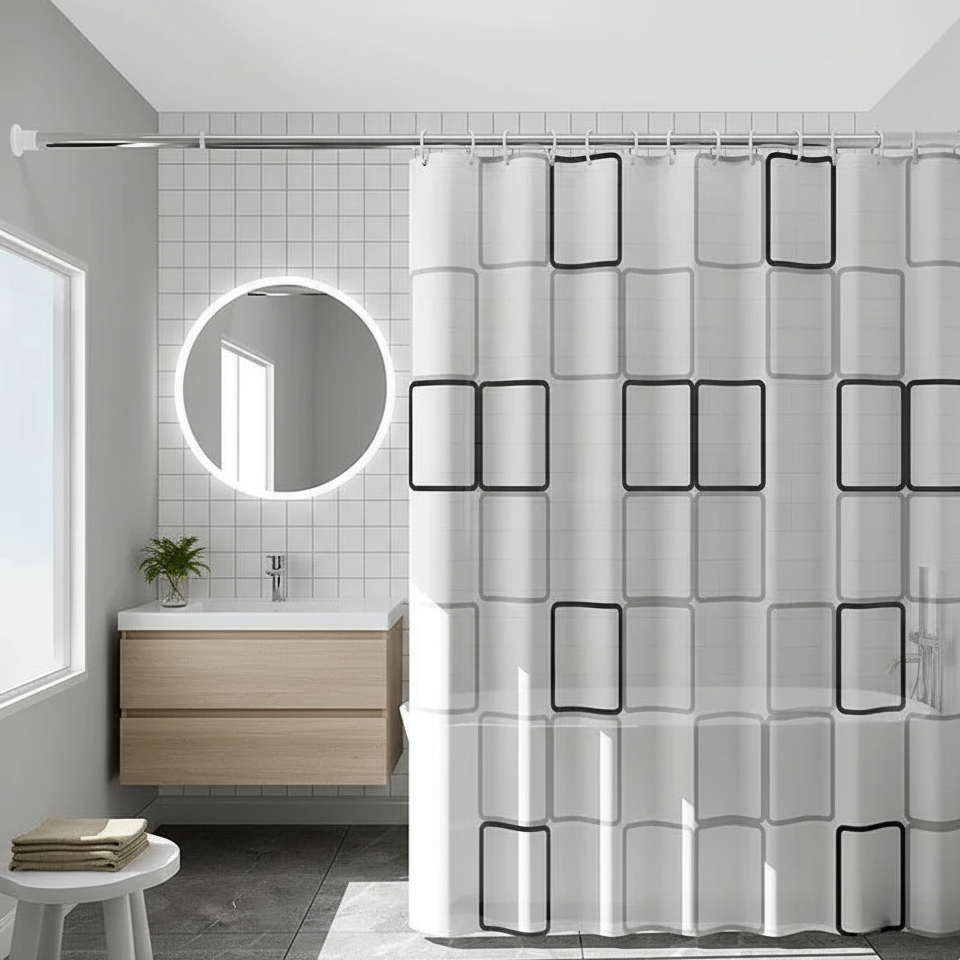 Rideau de douche à carreaux rectangle blanc | Doucy | Instant rideau