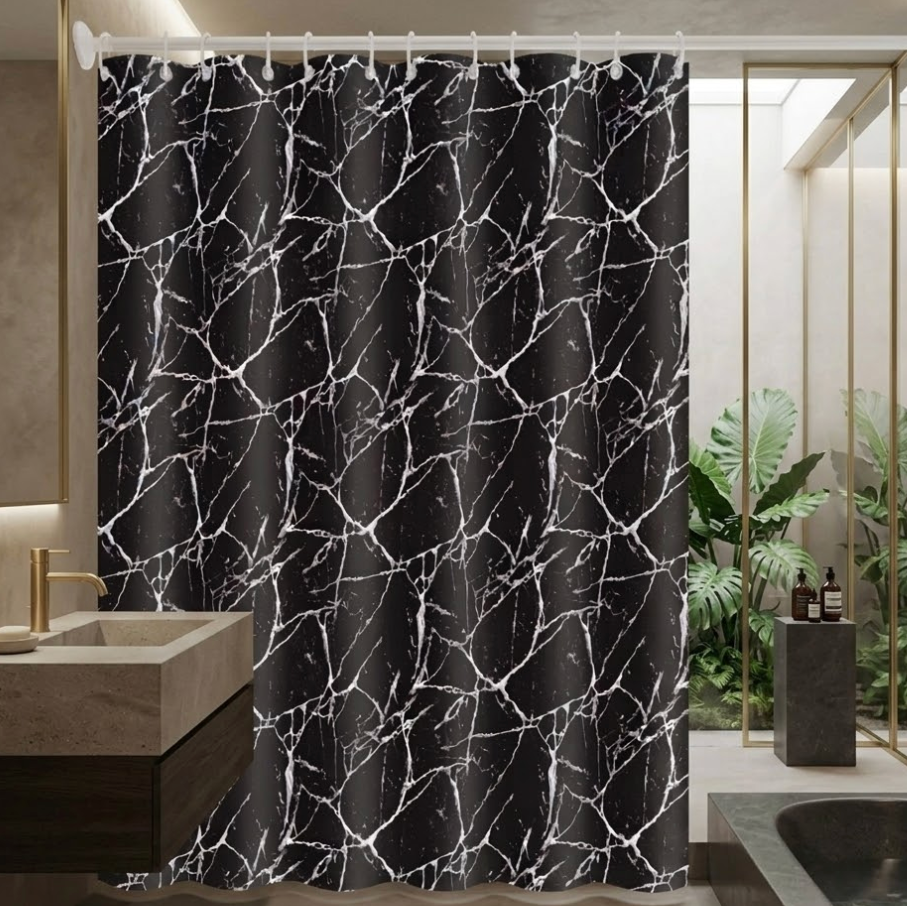Rideau de douche noir effet marbre Marbrelle, design moderne et élégant, idéal pour salle de bain chic, résistant à l’eau et facile à installer | Marbrelle | Instant rideau 