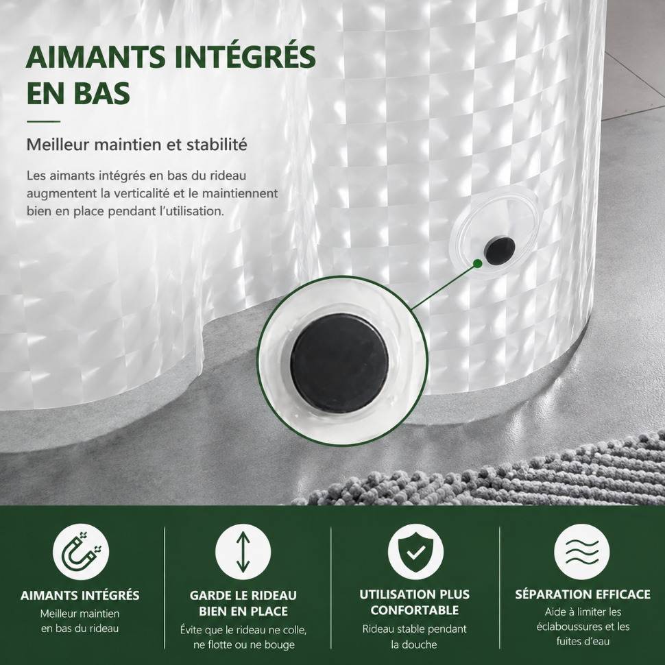 Rideau de douche transparent aimanté pour baignoire, conçu pour protéger le sol des projections d’eau et maintenir une salle de bain lumineuse | Tchi | Instant rideau