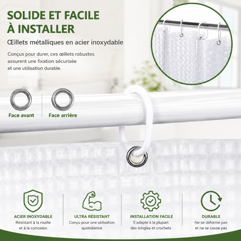 Rideau de douche transparent avec aimants de maintien en partie basse, surface imperméable et design discret adapté aux salles de bain modernes | Tchi | Instant rideau