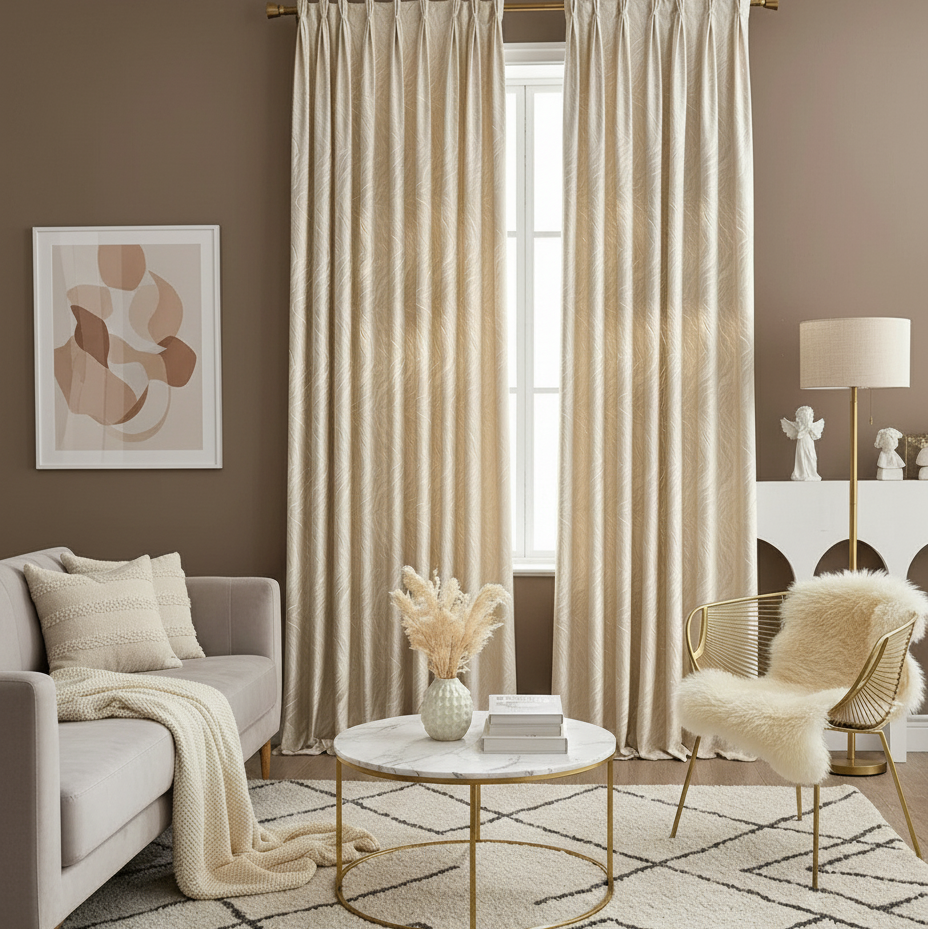 Rideau en jacquard beige dans un salon dore et beige chic | Prestigia | Instant Rideau