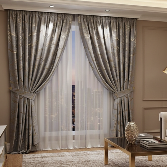 Rideau en jacquard gris dans un salon chic | Prestigia | Instant Rideau