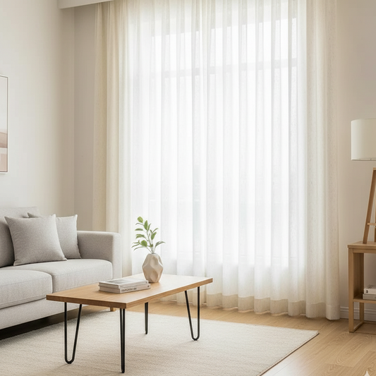 Rideau en lin beige dans un salon neutre | Lino | Instant Rideau