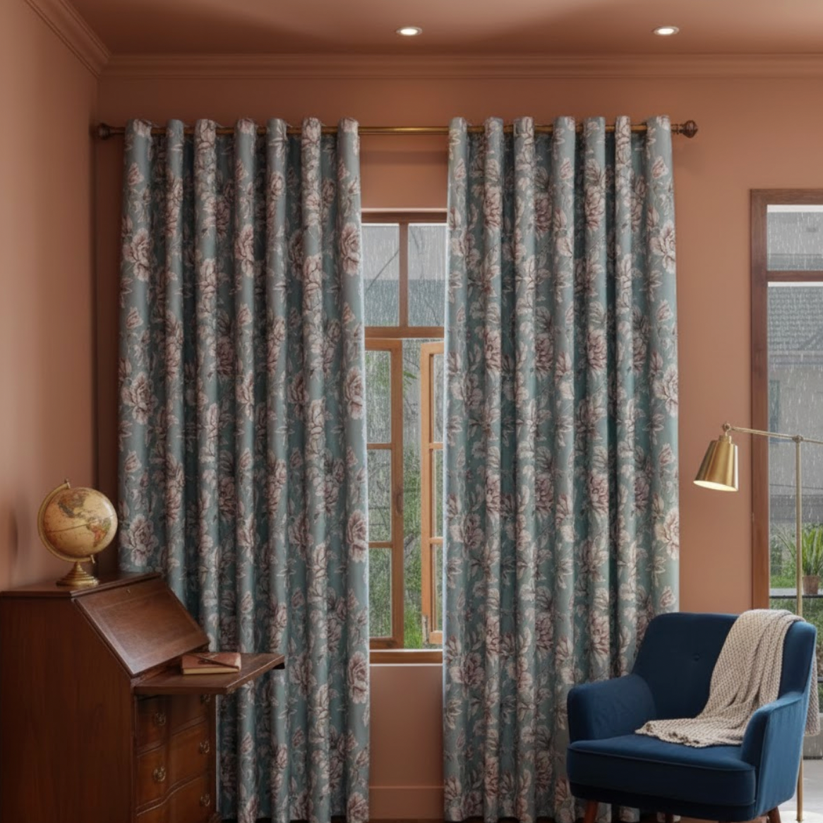 Rideau fenêtre floral fond bleu décoration élégante | Outono | Instant Rideau