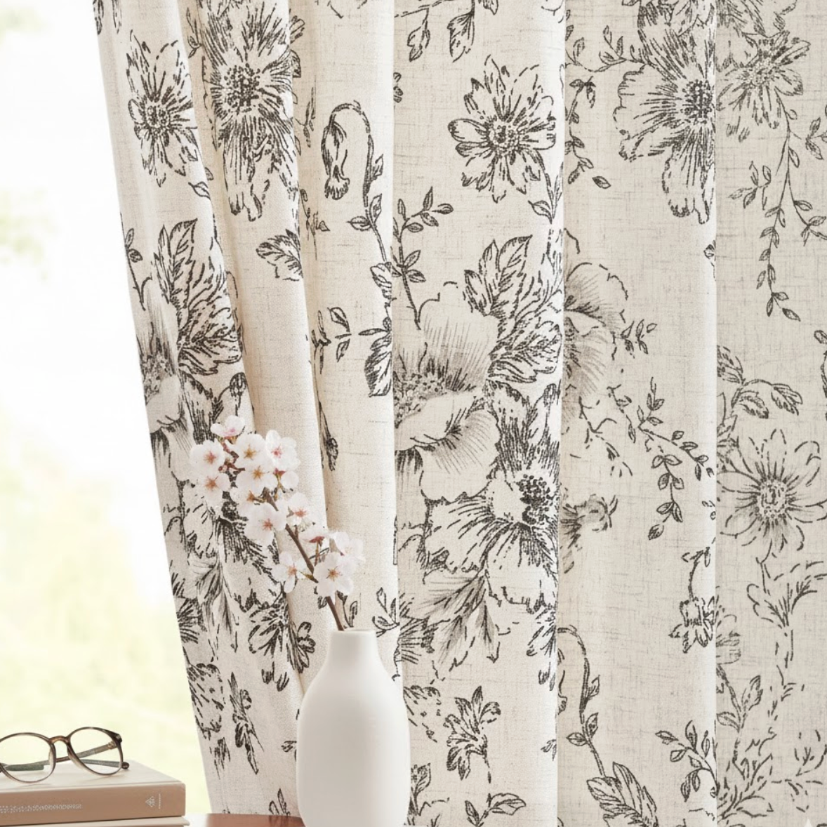 Rideau fleuri en coton lin pour décoration de salon chic et lumineuse, motif pivoine | Cotale | Instant rideau