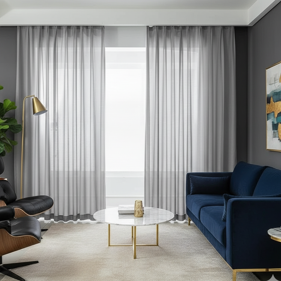 Voilage gris délicat créant une ambiance apaisante et chaleureuse dans votre intérieur | Tulem | Instant rideau