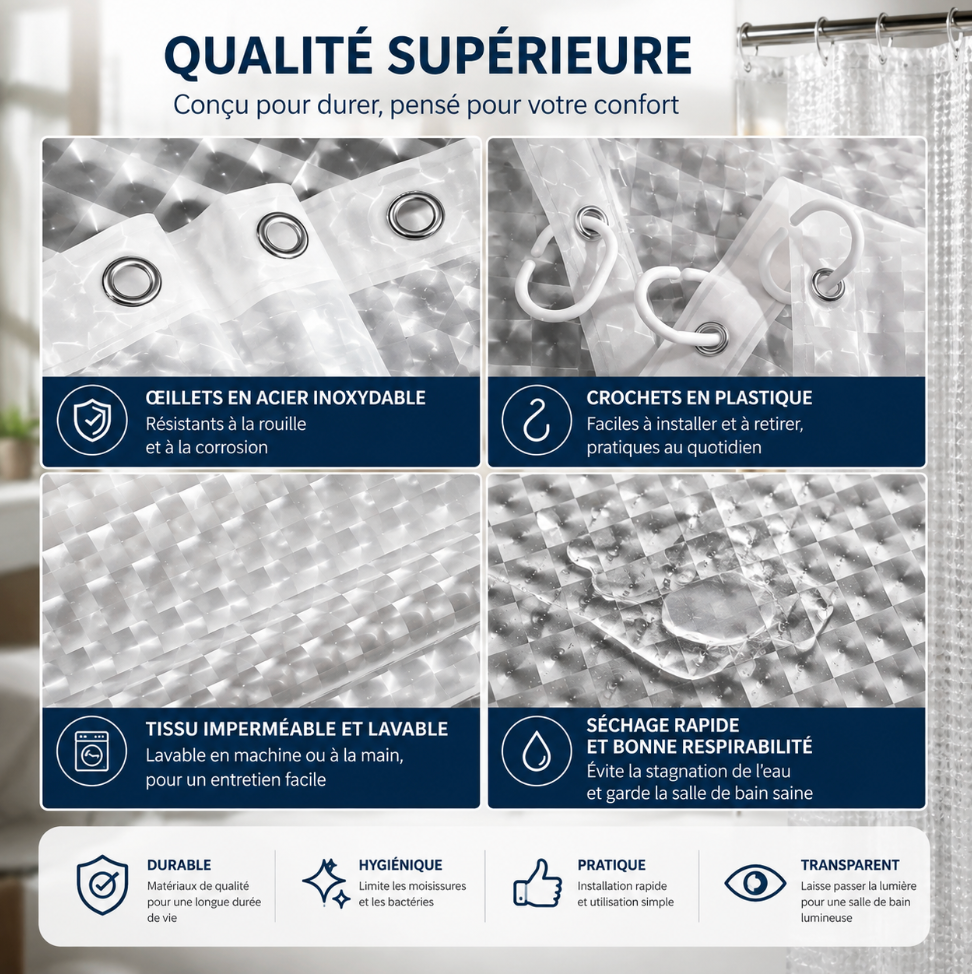 Rideau imperméable transparent pour douche et baignoire avec aimants inférieurs pour un meilleur maintien et une séparation discrète de l’espace douche | Tchi | Instant rideau