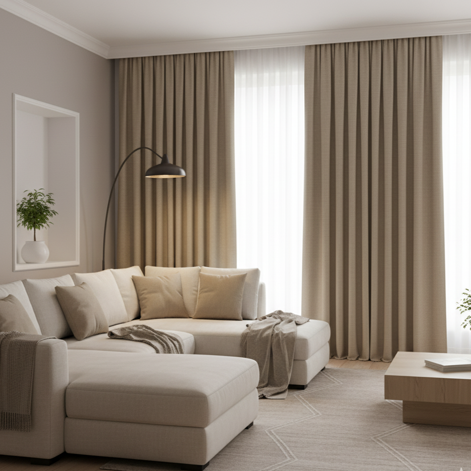 Rideau isolant phonique beige offrant tranquillité, confort et intimité dans votre intérieur | Silencio | Instant rideau
