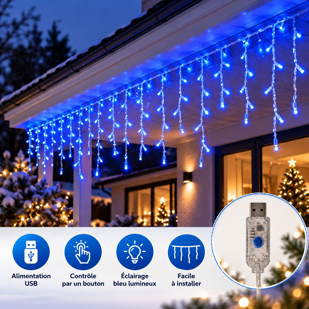 Rideau lumineux LED bleu pour décoration de Noël, avec effet cascade et alimentation USB, idéal pour embellir les fenêtres et les espaces intérieurs avec une lumière bleue scintillante | Instant Noël | Instant rideau