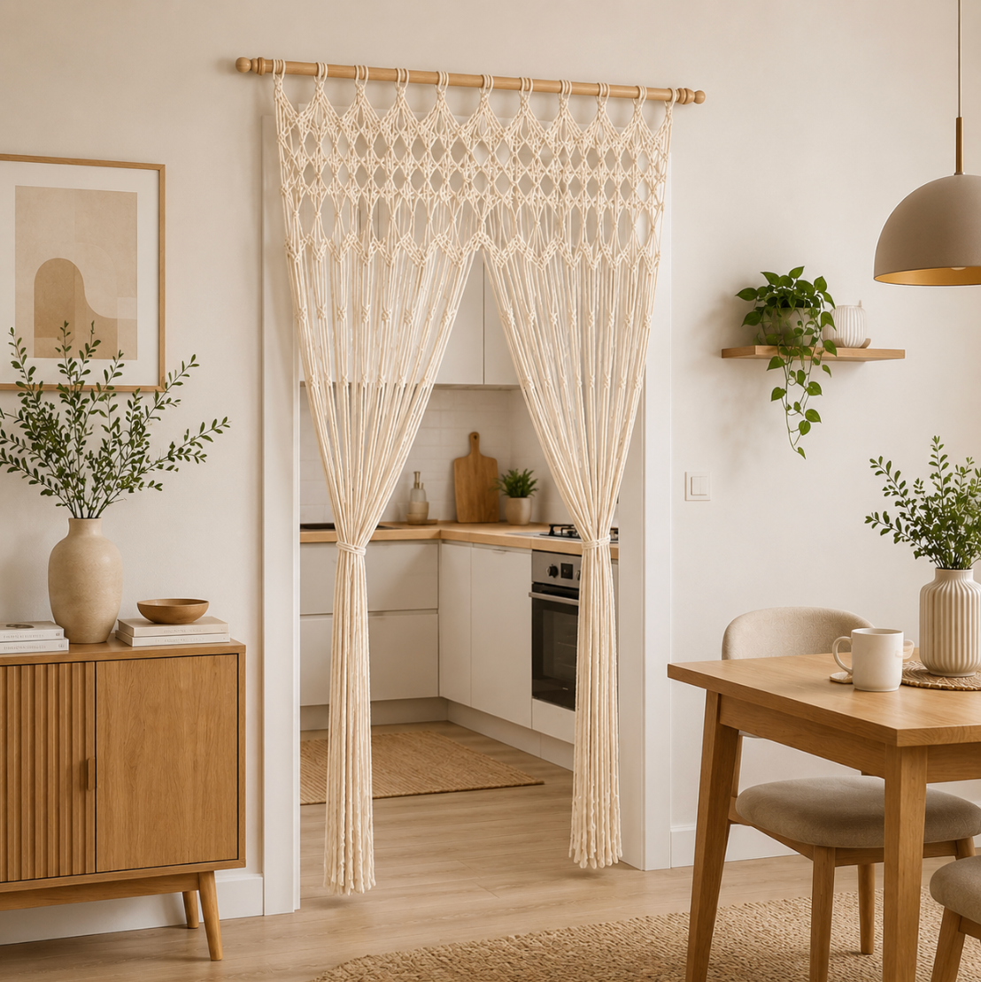 Rideau en macramé de coton au style bohème, idéal pour apporter une touche décorative naturelle et travaillée à votre intérieur | Macramia | Instant rideau