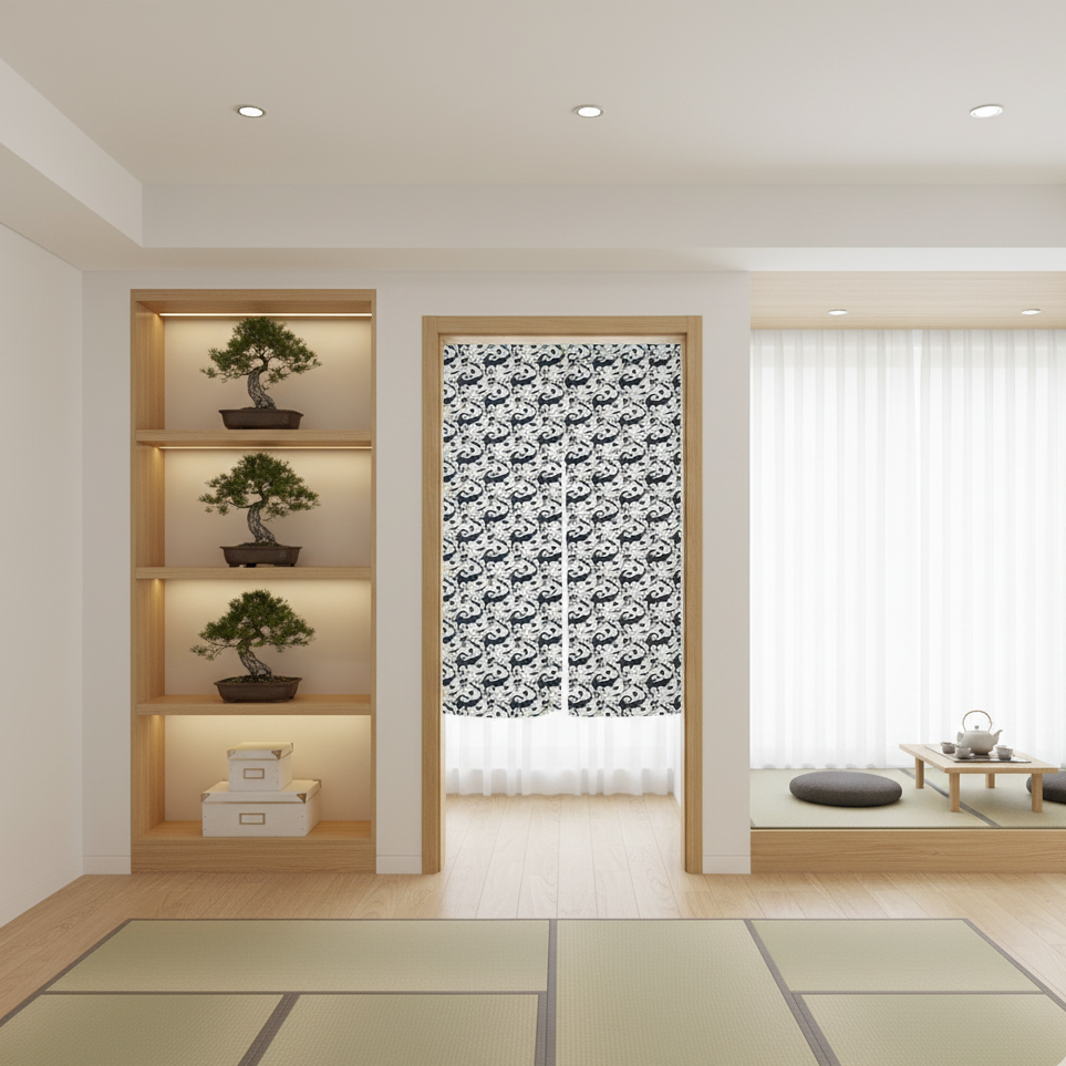 Rideau motif japonais dans un salon beige et blanc | Noren | Instant Rideau