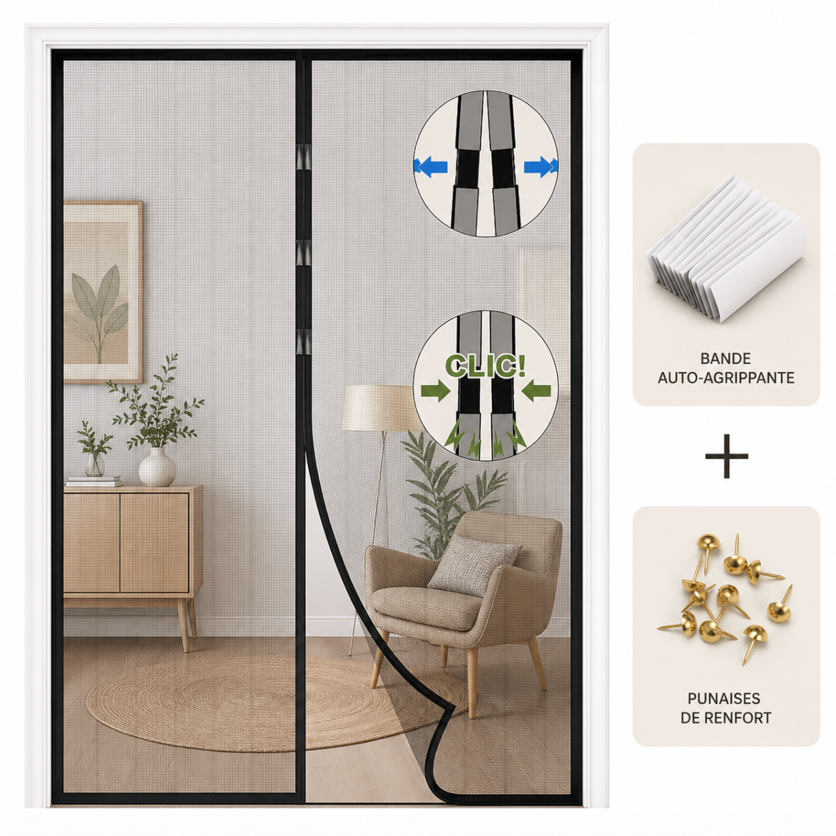 Rideau moustiquaire magnétique pour porte d’entrée et porte-fenêtre avec ouverture mains libres, protection anti insectes, circulation d’air optimale et pose facile | Ventora | Instant Rideau

