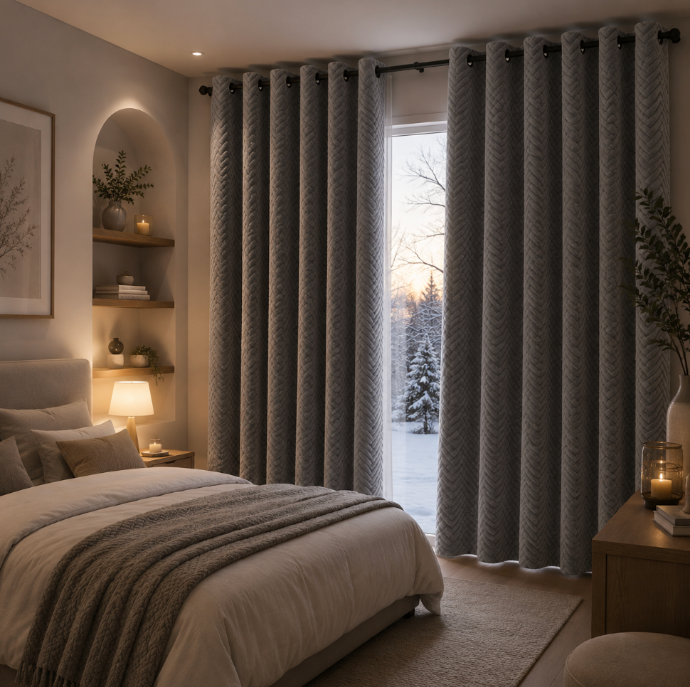Rideau occultant gris coupe-vent doublé effet velours, idéal pour assombrir la pièce, préserver l’intimité et limiter les courants d’air aux fenêtres | Acrome | Instant rideau