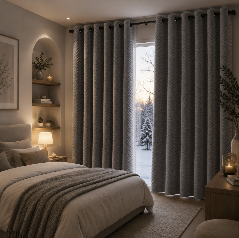 Rideau occultant gris coupe-vent doublé effet velours, idéal pour assombrir la pièce, préserver l’intimité et limiter les courants d’air aux fenêtres | Acrome | Instant rideau