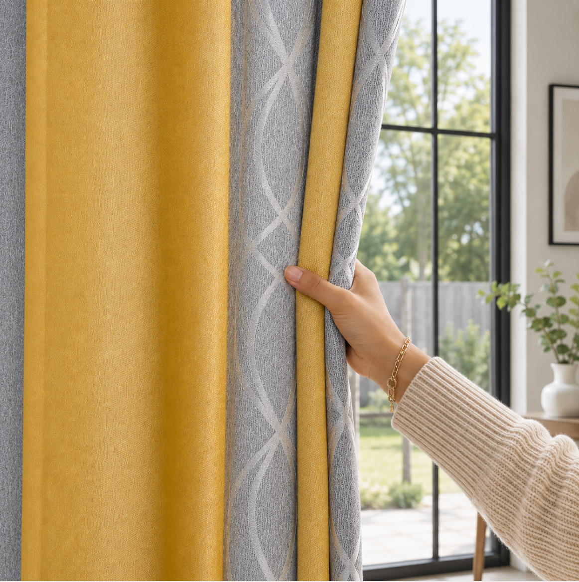 Rideau occultant jaune et gris double couleur  matière dans salon moderne et elegant | Nebrys | Instant rideau