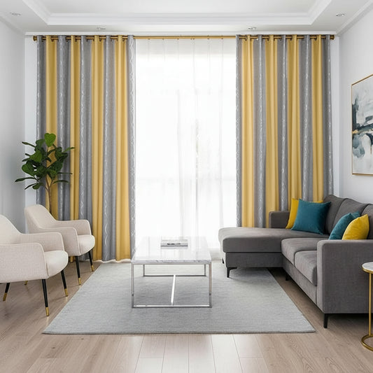 Rideau occultant jaune et gris double couleur dans salon moderne et elegant | Nebrys | Instant rideau