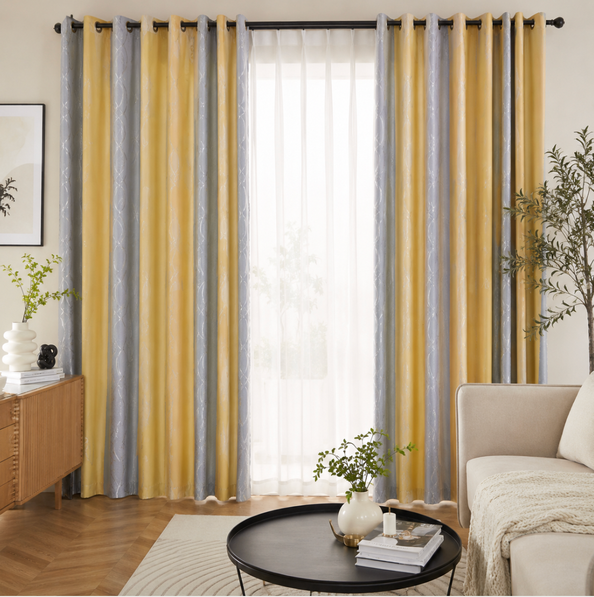 Rideau occultant jaune et gris double couleur dans salon moderne et elegant | Nebrys | Instant rideau