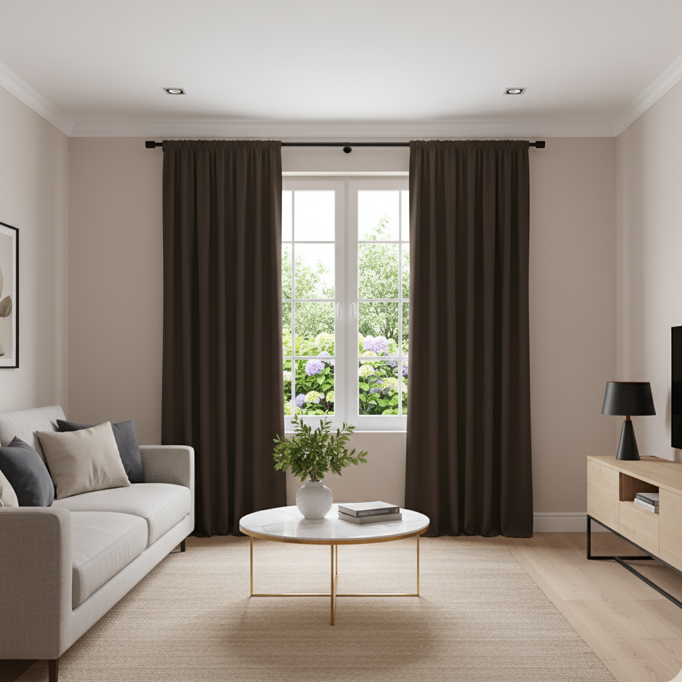 Rideau occultant marron dans un salon moderne en bois | Nobilis | Instant Rideau