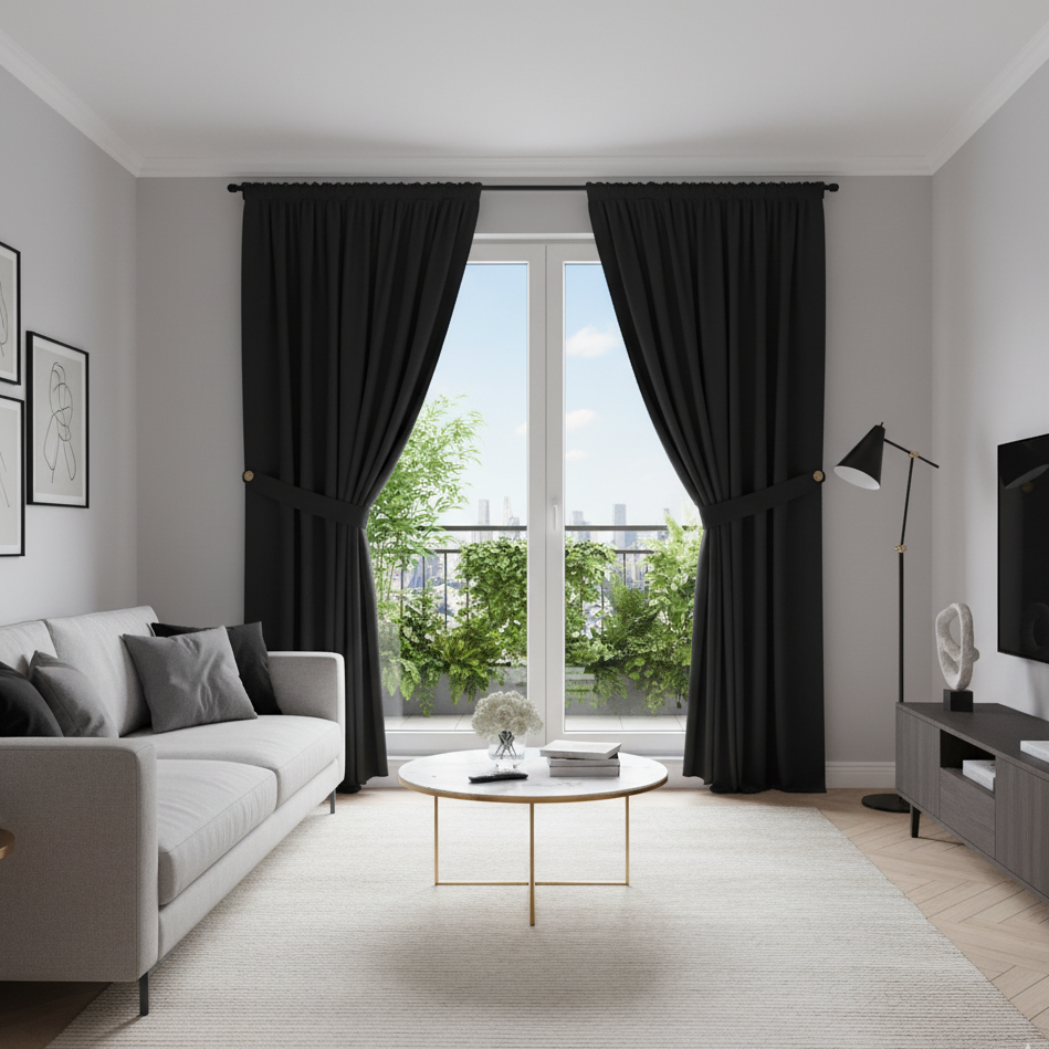 Rideau occultant noir dans un salon moderne et gris | Nobilis | Instant Rideau