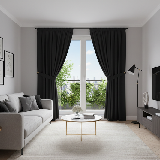 Rideau occultant noir dans un salon moderne et gris | Nobilis | Instant Rideau