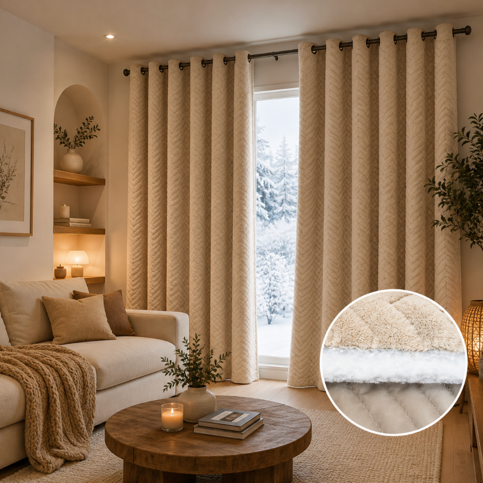 Rideau occultant thermique beige épais avec doublure douce effet velours, idéal pour limiter la lumière et les courants d’air dans le salon ou la chambre | Acrome | Instant rideau