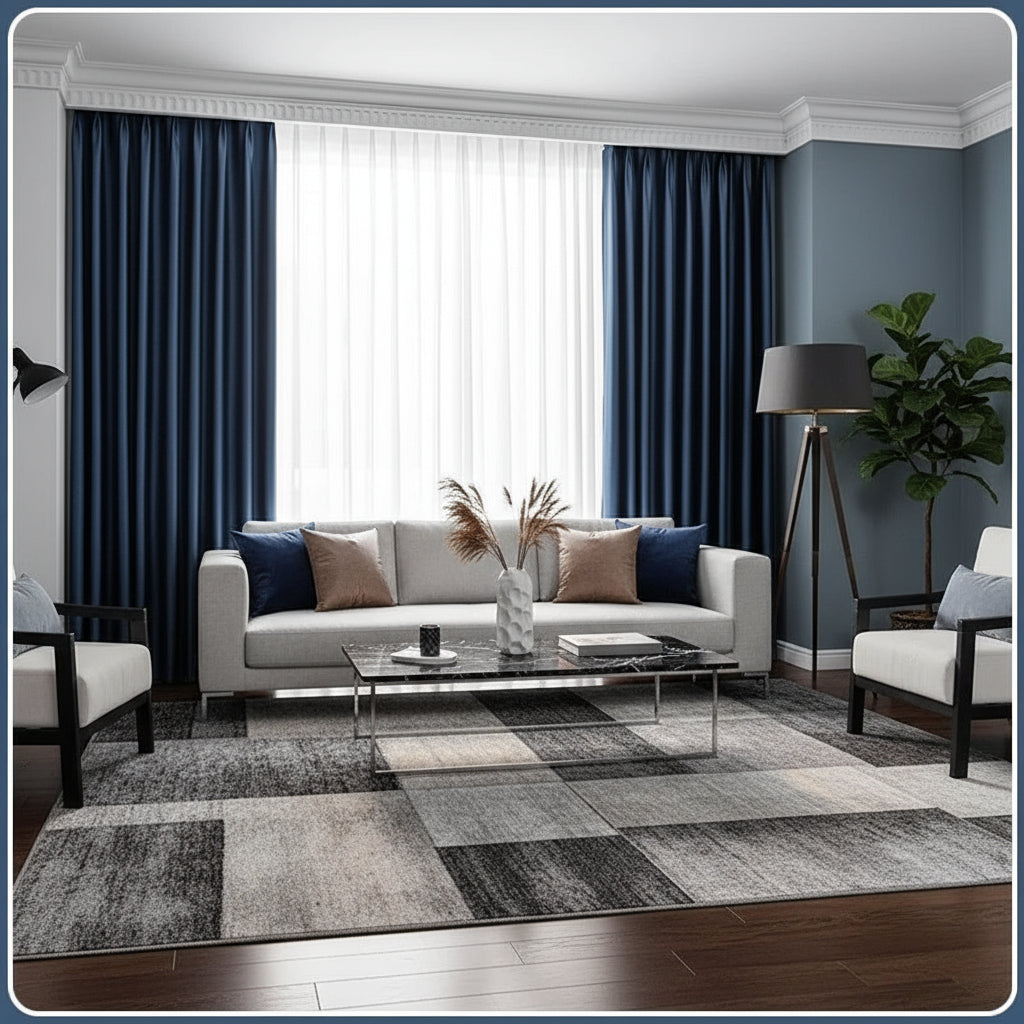 Rideau occultant thermique bleu canard moderne et élégant dans un salon apportant de la chaleur | Throne | Instant rideau 