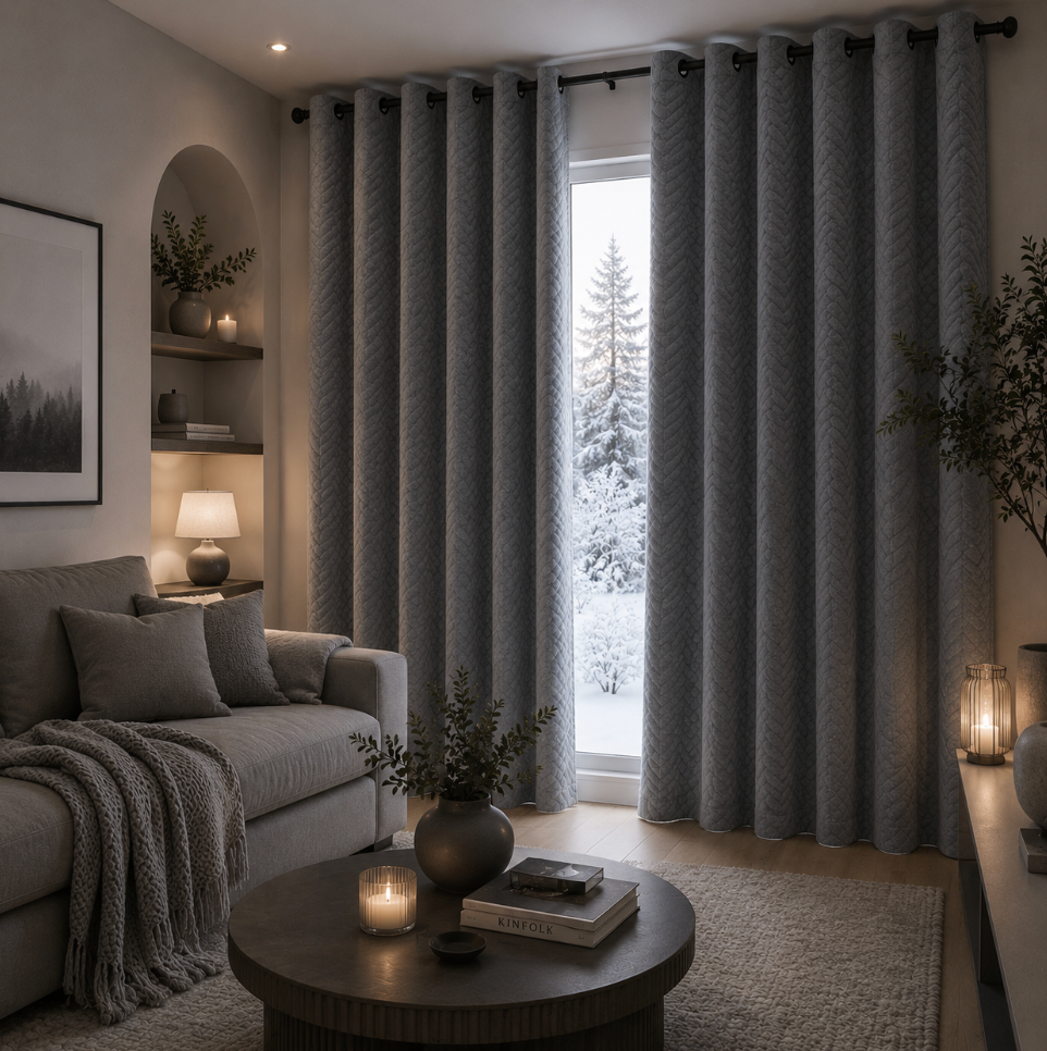 Rideau occultant thermique gris épais doublé effet velours, conçu pour limiter la lumière, le froid et les courants d’air dans la chambre ou le salon | Acrome | Instant rideau