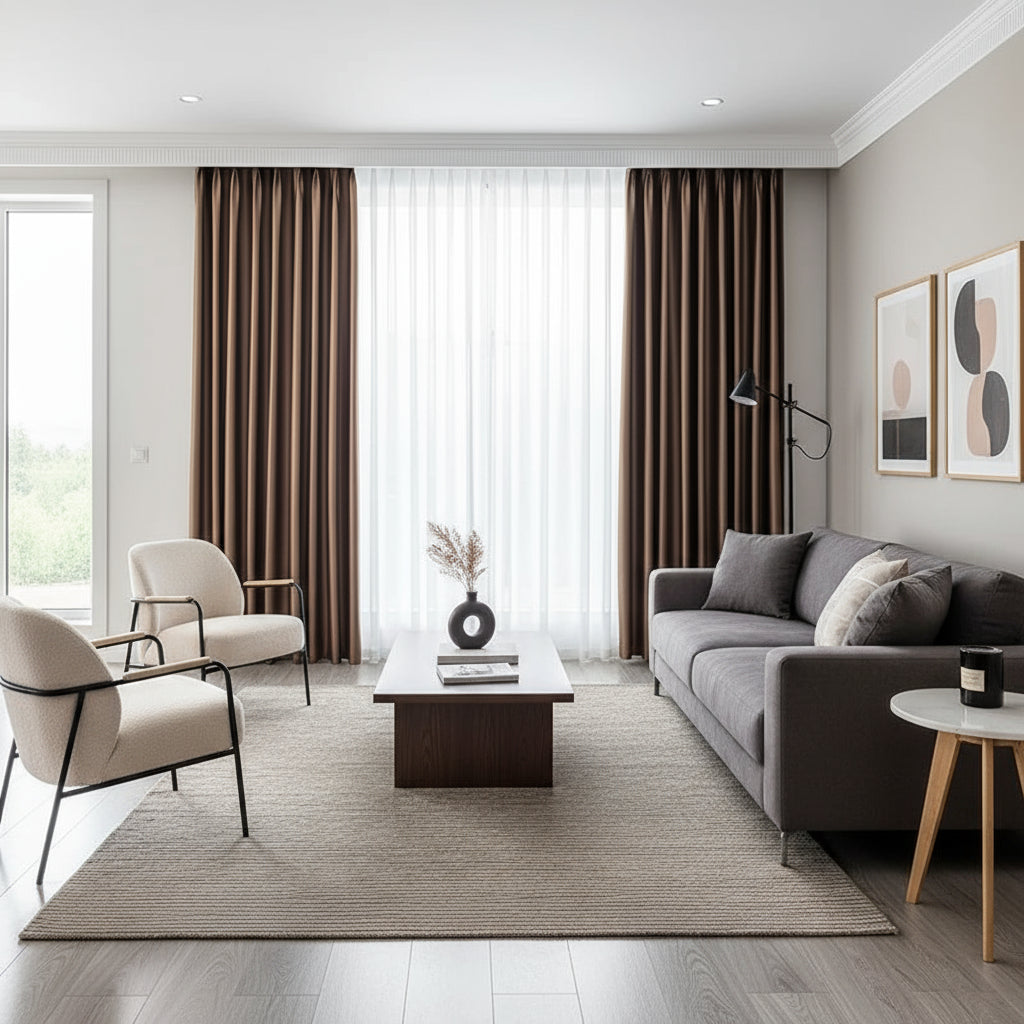 Rideau occultant thermique marron dans un salon sur une baie vitrée moderne et élégant | Throne | Instant rideau 