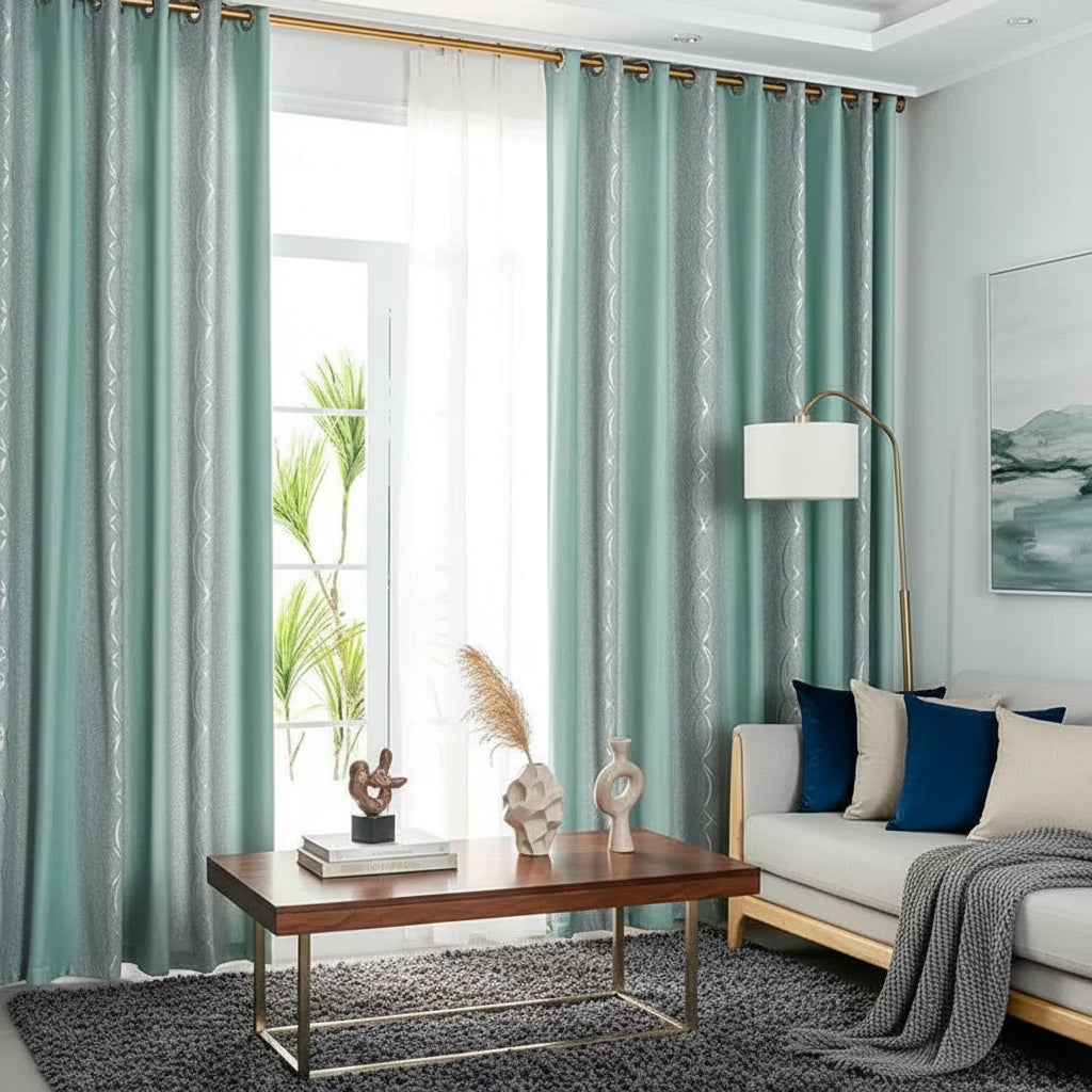 Rideau occultant vert et gris double couleur dans salon moderne et elegant | Nebrys | Instant rideau