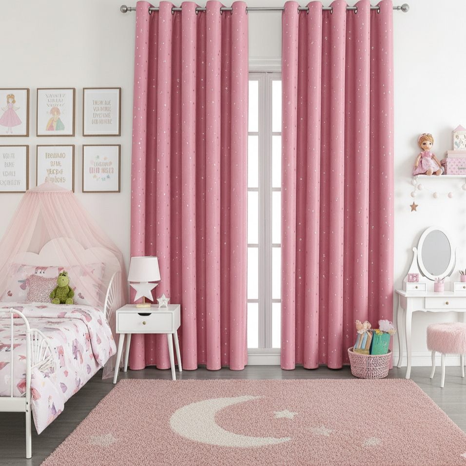 Rideau rose occultant pour chambre enfant avec etoiles | Stars | Instant rideau 