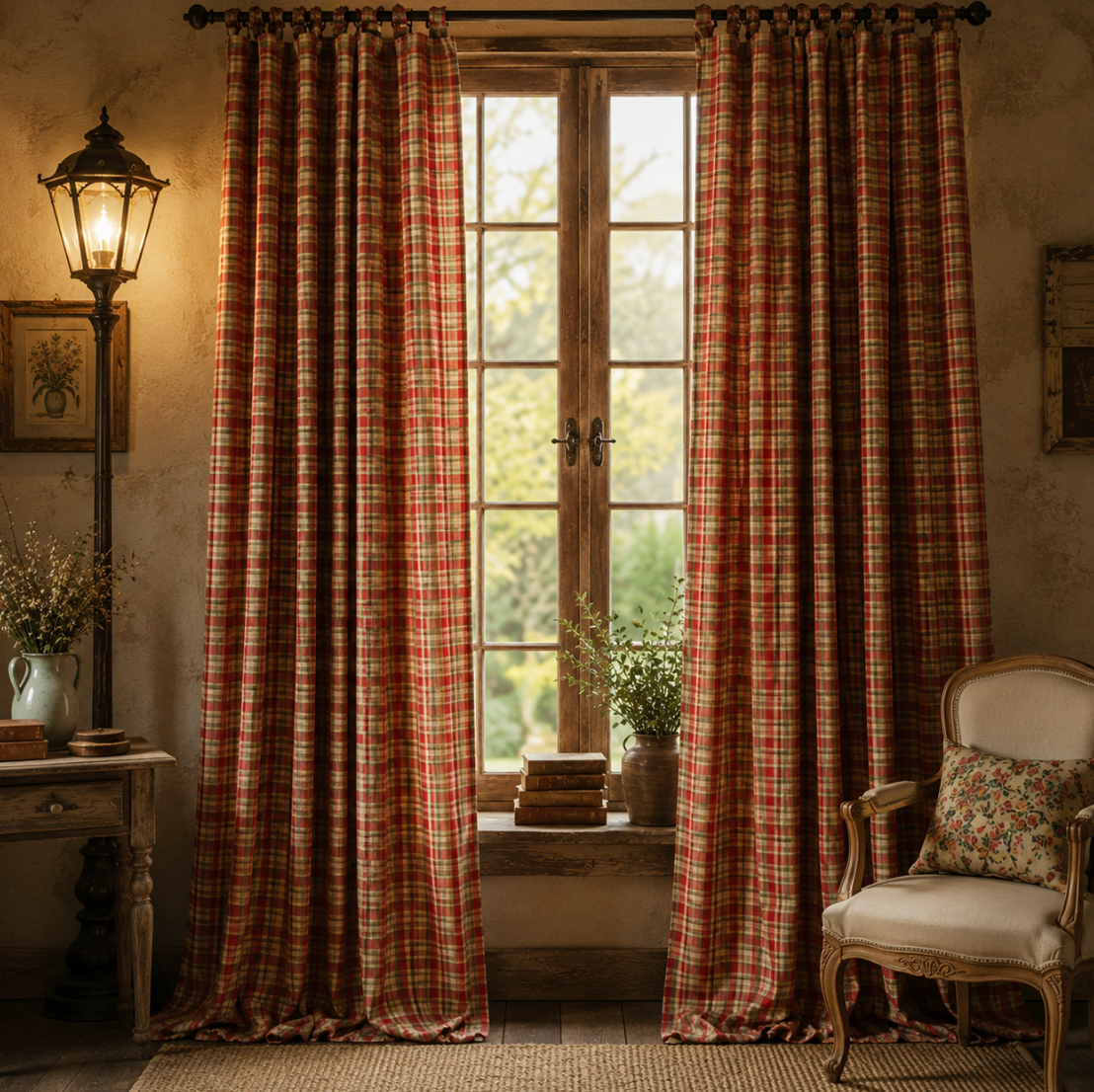 Rideau rouge à carreaux Vichy en lin et coton semi-occultant, idéal pour habiller les fenêtres du salon ou de la chambre dans un style cottage chaleureux | Cottage | Instant rideau