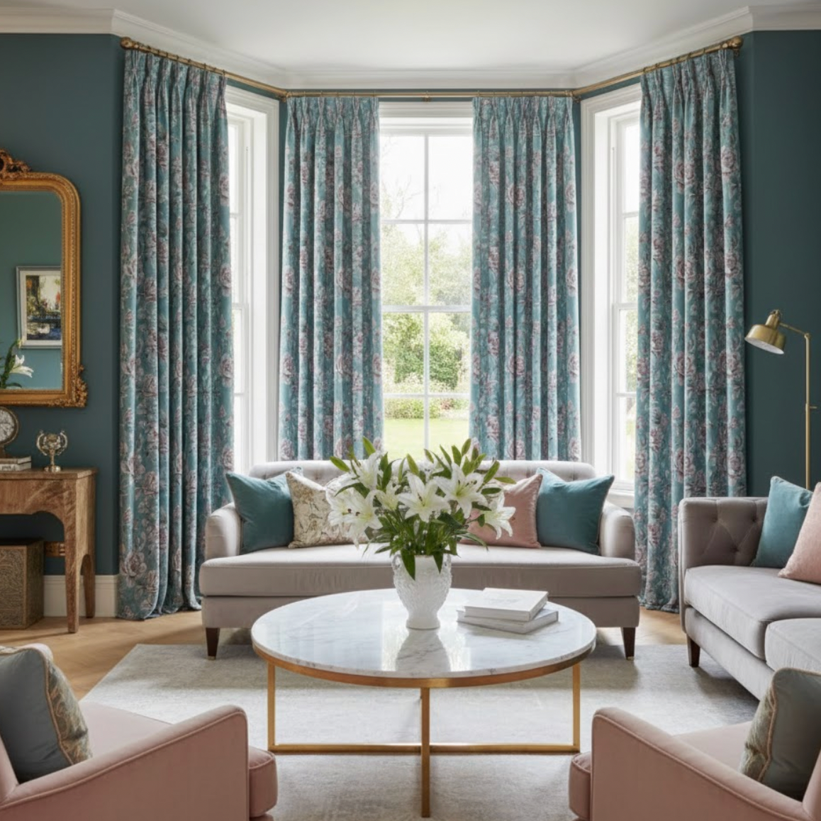 Rideau salon floral chaleureux sur fond bleu | Outono | Instant Rideau