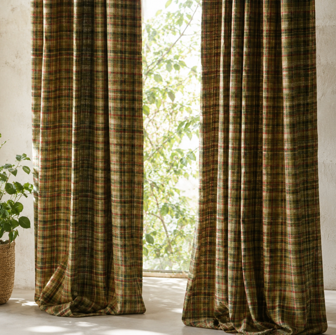 Rideau semi-occultant vert à carreaux pour salon et chambre, confectionné en lin et coton avec motif Vichy au charme champêtre et intemporel | Cottage | Instant rideau