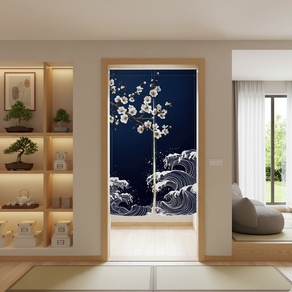 Rideau style japonais bleu avec des fleurs et des vagues | Noren | Instant Rideau