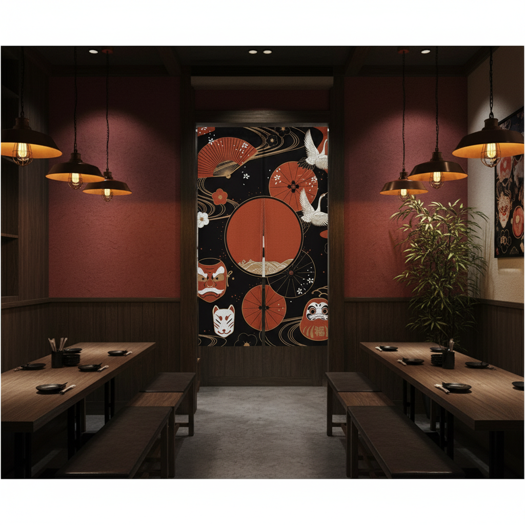 Rideau symbole japonais chat oiseau | Noren | Instant Rideau