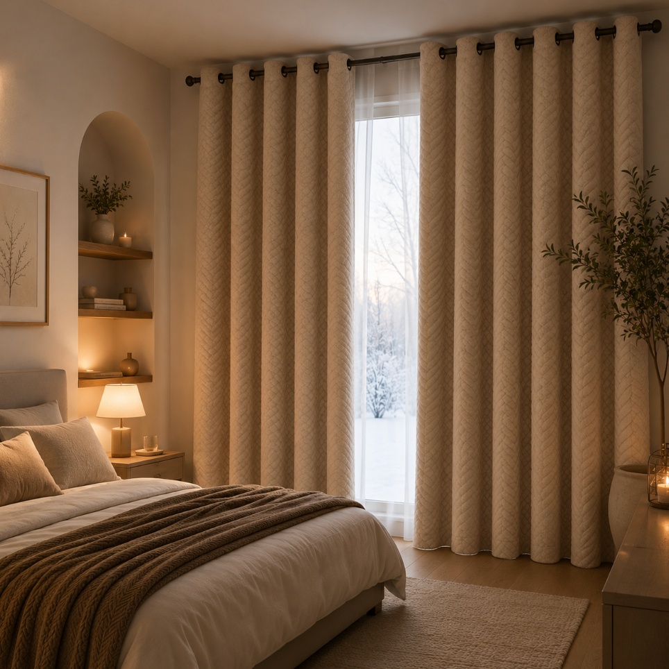 Rideau thermique beige occultant pour chambre avec tissu épais et doublure douce effet velours, conçu pour assombrir la pièce et préserver davantage l’intimité | Acrome | Instant rideau