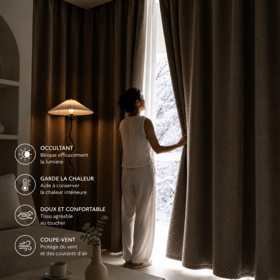 Rideau thermique gris pour chambre et salon avec tissu épais occultant, doublure effet velours et tombé généreux pour un intérieur chaleureux et confortable | Acrome | Instant rideau
