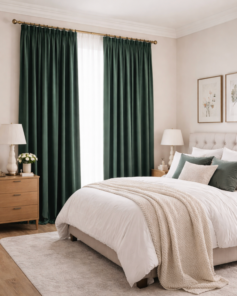 Rideau velours vert olive épais dans une chambre moderne avec murs beige clair, ambiance chic et lumineuse | Velaris | Instant rideau