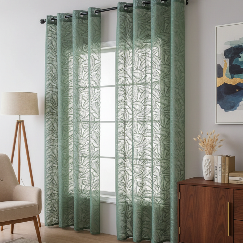 Rideau Vertuo vert fleuri avec motif feuilles en polyester 100 %, offrant élégance et ombrage jusqu’à 40 % | Vertuo | Instant rideau