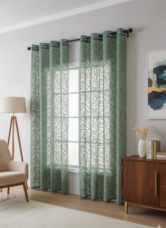 Rideau Vertuo vert fleuri avec motif feuilles en polyester 100 %, offrant élégance et ombrage jusqu’à 40 % | Vertuo | Instant rideau